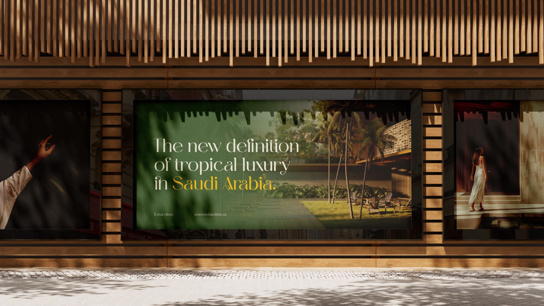 Eviza Vibes: exterior campaign screen — Portfolio visual / Scarlet Royal
