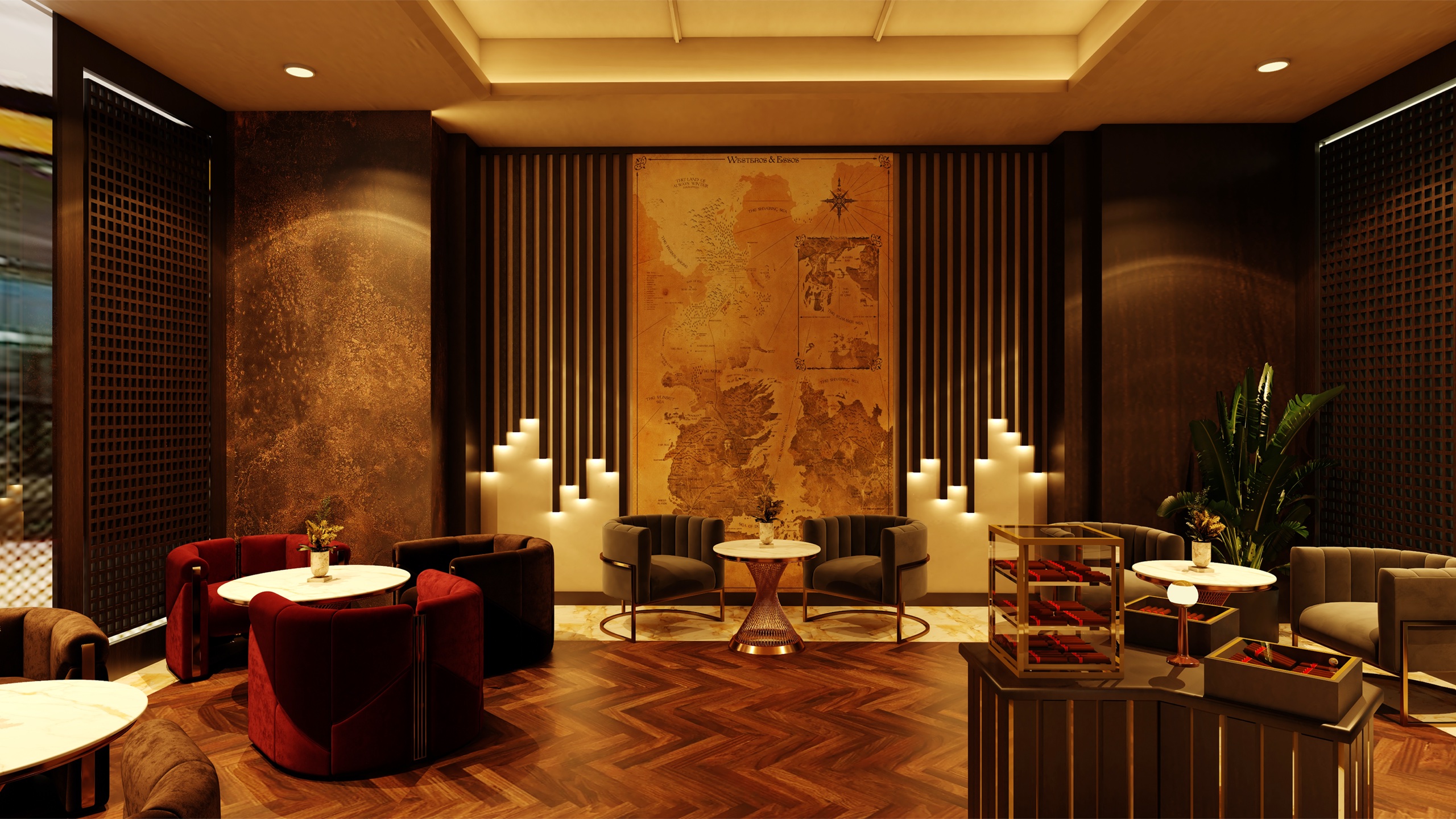 Frontal design visualisation of the Westeros Cigar Lounge seating area